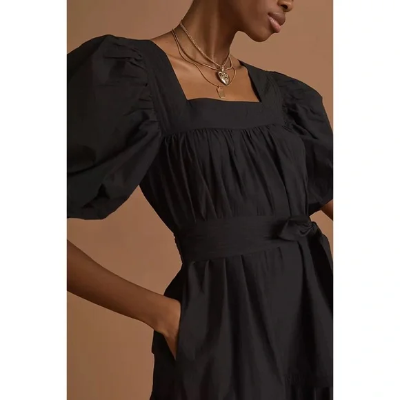 NWT ANTHROPOLOGIE LOVE THE LABEL PUFF SLEEVED MIDI DRESS IN BLACK